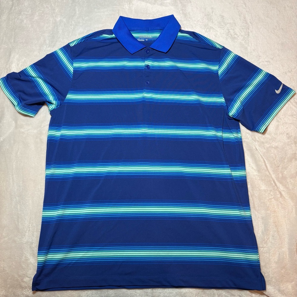 Nike Golf Tour Performance Dri Fit Polo Shirt Mens L Blue Striped Short Sleeve